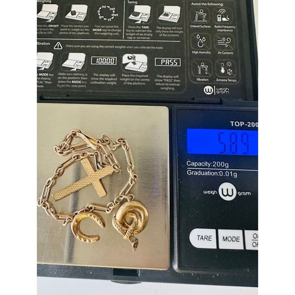 Antique 9ct 9k gold cross horse shoe interlock charm bracelet 7.5”